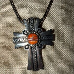Sterling Silver Cross Pendant with Coral Inlay on a sterling silver chain